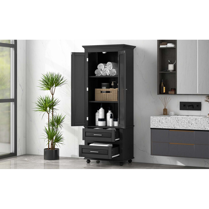 Grande armoire de rangement avec deux tiroirs pour la salle de bain, Noir
