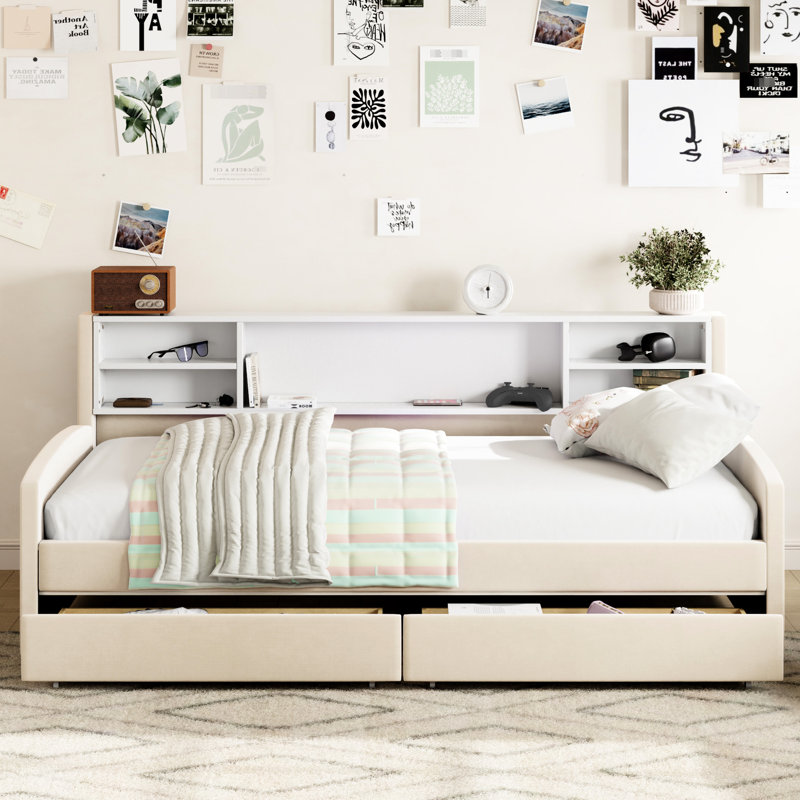 Lit plateforme simple avec rangement en velours doux beige, tête de lit confortable, grands tiroirs pour la literie et les vêtements, taille de construction avec rembourrage