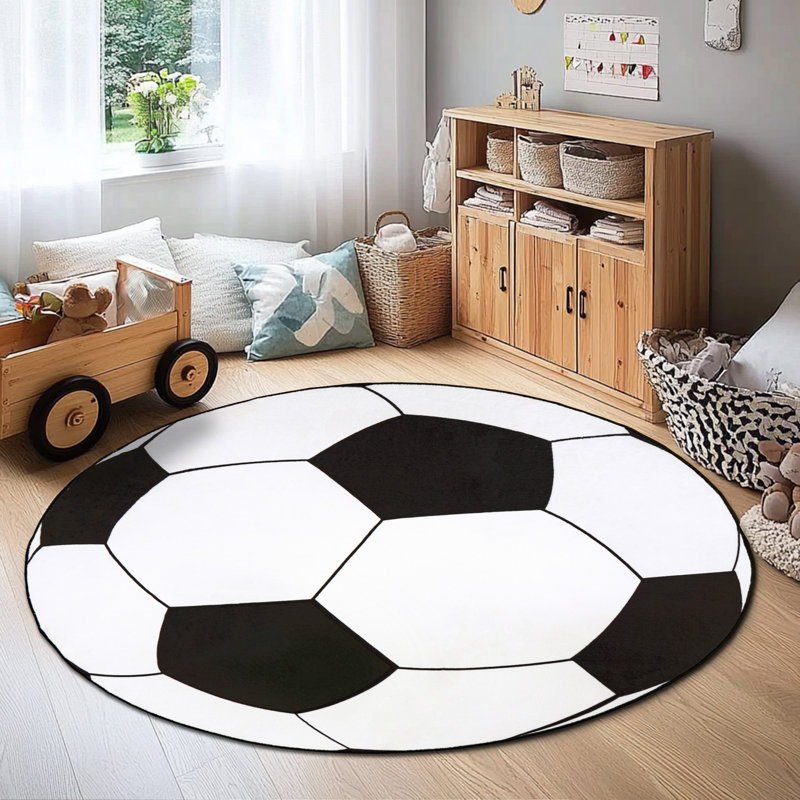 Round 47inch Children's Area Rug,Football Pattern, Faux Cashmere Non-Slip Carpet, Suitable for Living Room, Bedroom, Children's Room, Home Decor