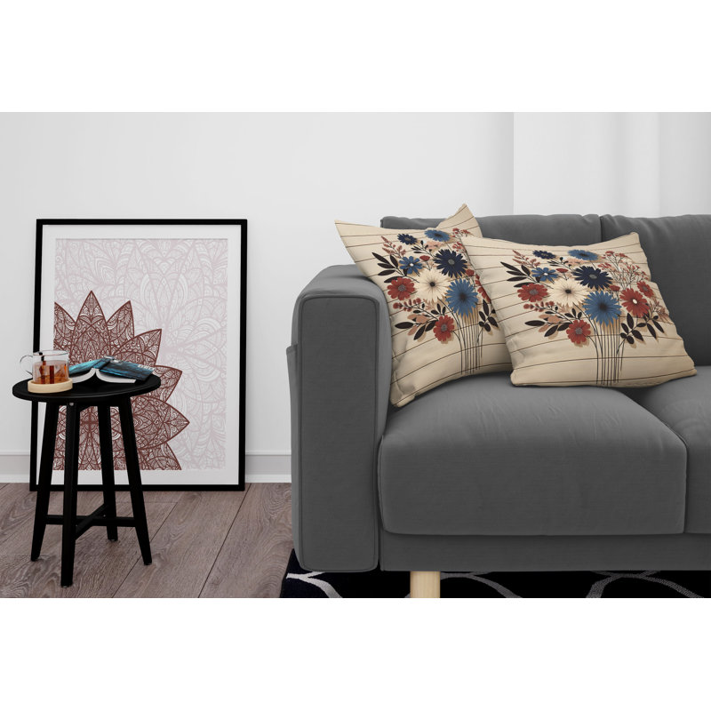 Night Blue Ruby and Champagne Floral Microfiber Reversible Throw Pillow Covers, Set of 2