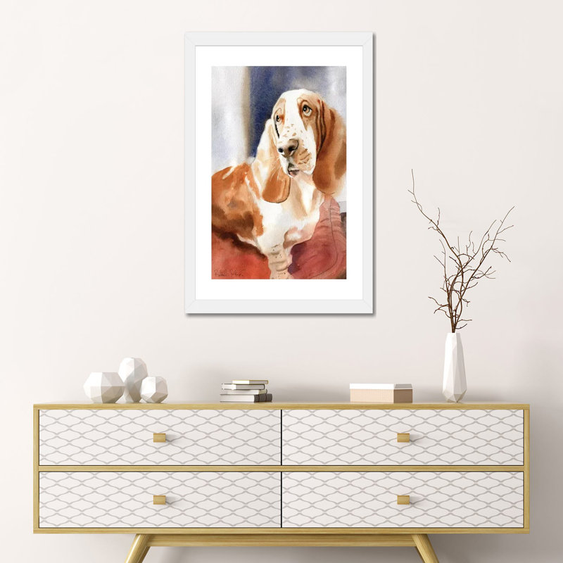 «Basset Portrait» par Rachel Parker - reproduction d'art, H 24 po x l 16 po x P 1 po, Papier encadré blanc, Blanc