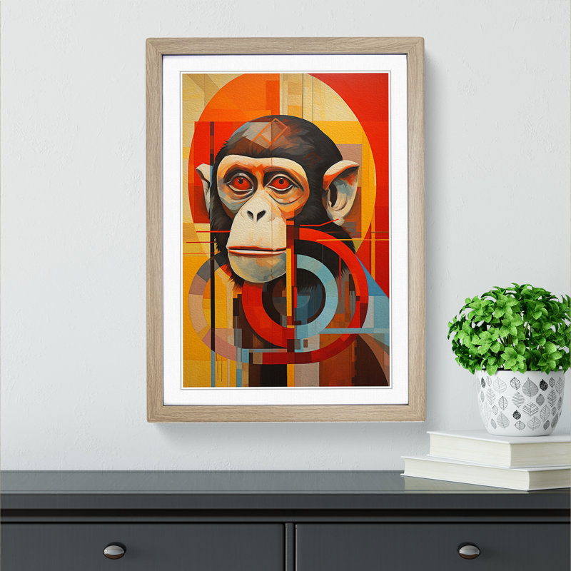XYZ-FRM-V1223-4530 Monkey Constructivism - Single Picture Frame Print on Wood, Oak , 46cm H x 34cm W x 2cm D