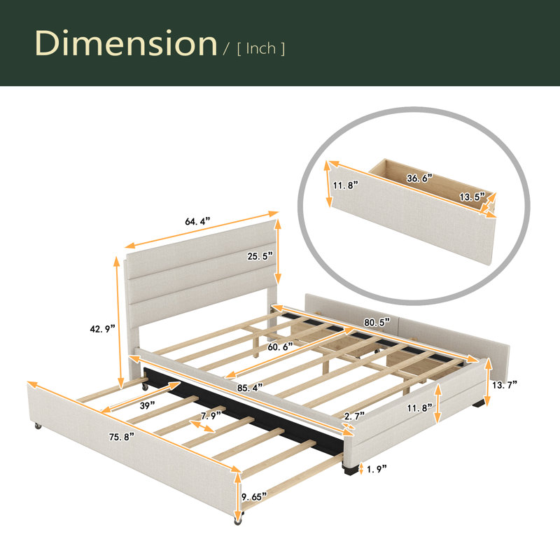 Lit plateforme tapissier avec lit gigogne et deux tiroirs