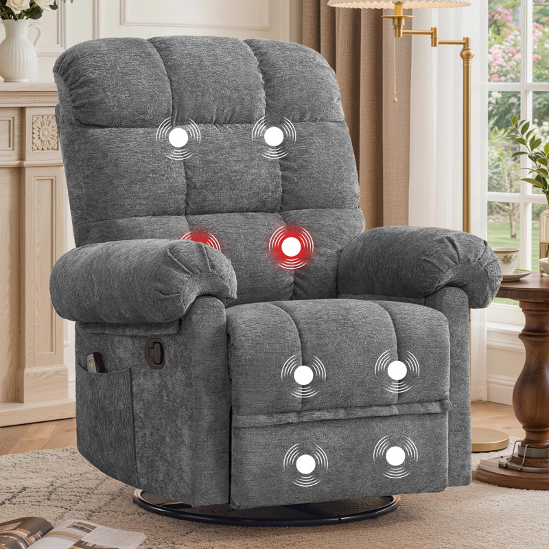 Recliner Chair, 360° Swivel Recliner with Heat & Massage, Chenille Upholstered Manual Recliners with Side Pockets, Gray