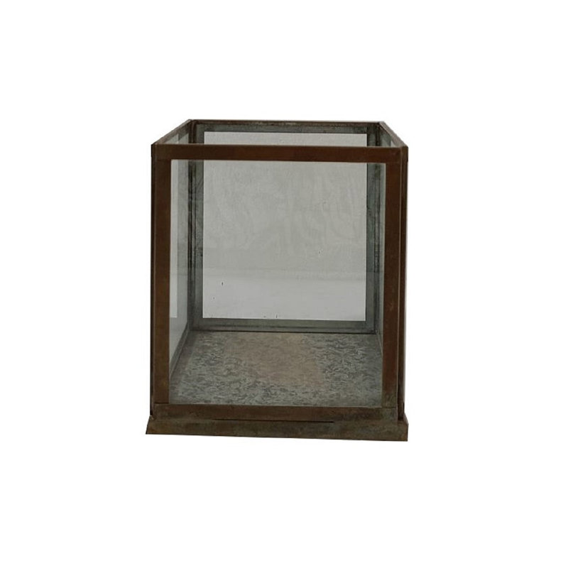 Petit porte-bougie antique en fer et verre, H 7,09 po x l 6,3 po x P 6,3 po