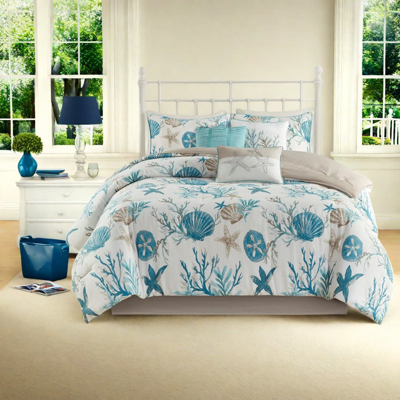 Luxurious Cotton Sateen Bedding Sets, Coastal Aqua Design For Home