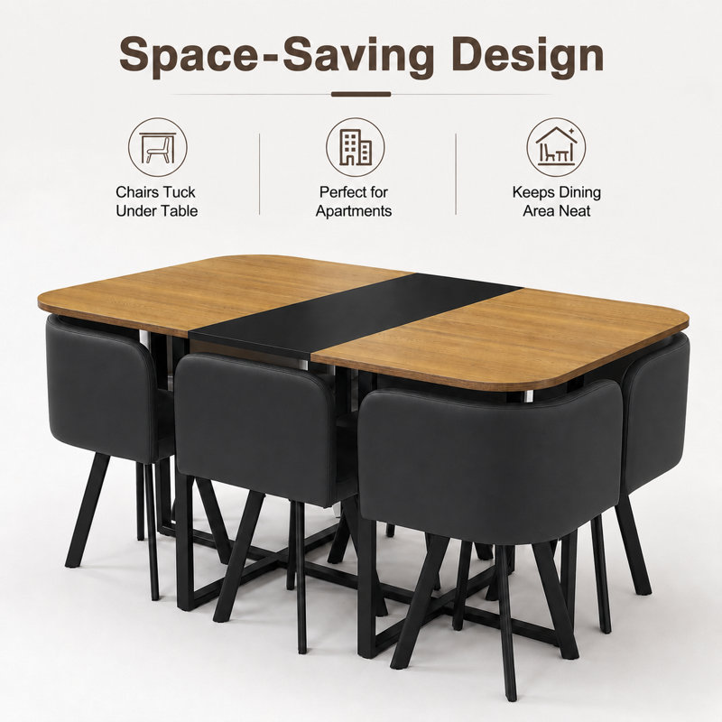 60" Wood Dining Table Set With 6 PU Leather Chairs, Black, Wood/Black