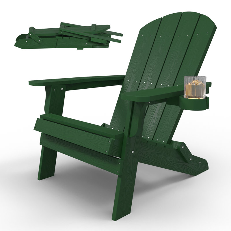 Outdoor Folding Adirondack Chair HIPS Oversized Plastic Adirondack Chair All Weather Patio Chair with Cup Holder Fire Pit Chair, Dark Green