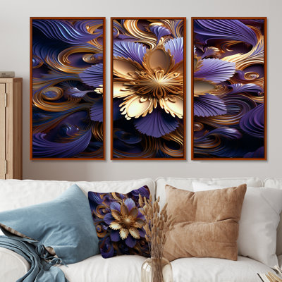 Abstrait lotus doré ornemental mauve - ensemble d'art mural floral moderne