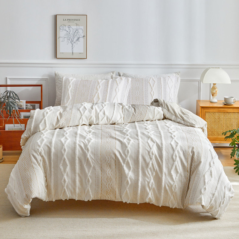 DONEUS Tufted Strip Duvet Cover Set Boho Textured Bedding Set, King Duvet Cover + 2 Pillowcases, Double Pom