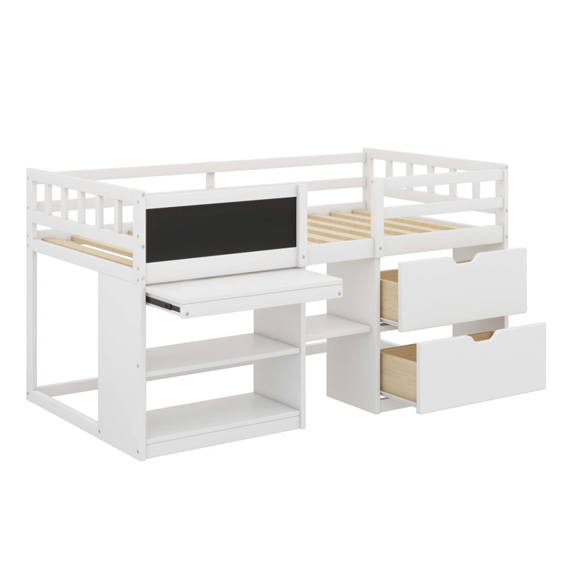 Lit mezzanine bas avec bureau roulant, tablette et tiroirs, Blanc
