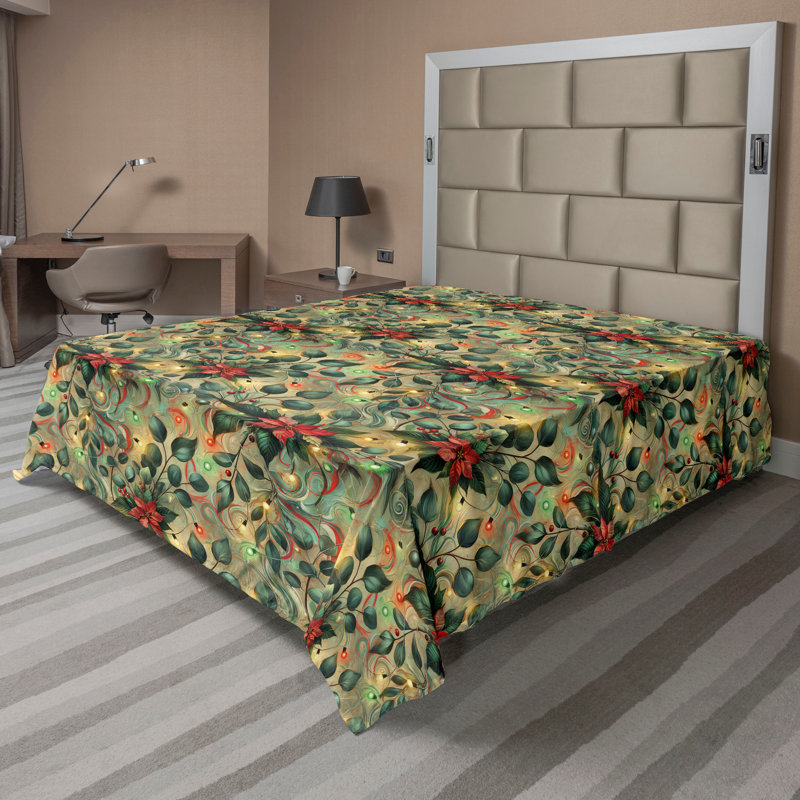 Drap plat moderne de style bohème Ambesonne, Vert pâle / motif floral corail foncé, Drap plat pour très grand lit californien