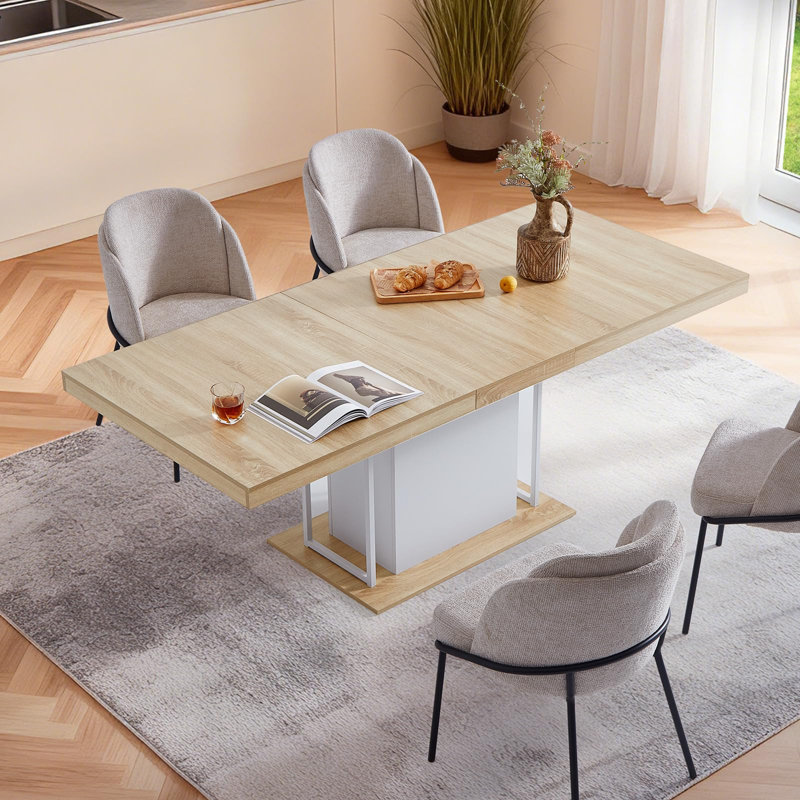 Table de salle à manger extensible de 160 à 200 cm avec pied central cannelé, Bois naturel / blanc