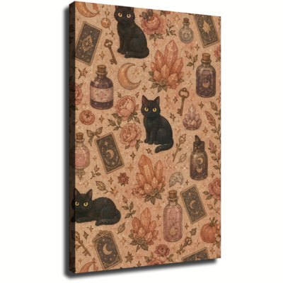 Black Cat Witchy Crystal Tarot Card Potion Bottle Floral Vintage Halloween Canvas Wall Art