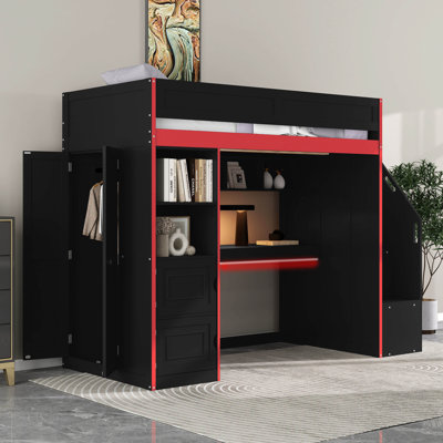 Twin Size Gaming Loft Bed With Desk, Storage & LED Lights, Wood Loft Bed With Storage Wardrobe For Teens Adults
