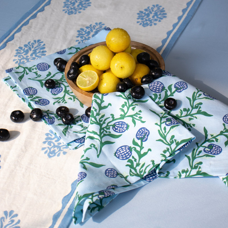 Rasa - Pure Cotton Table Napkin, Blue/Green Floral
