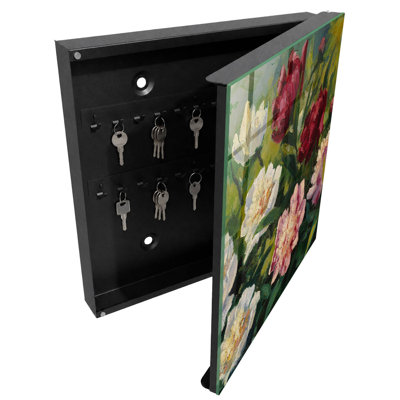 Decorative key box for wall, Opens to the left, 30x30x5, Black, Peonies in full bloom against a green background, 