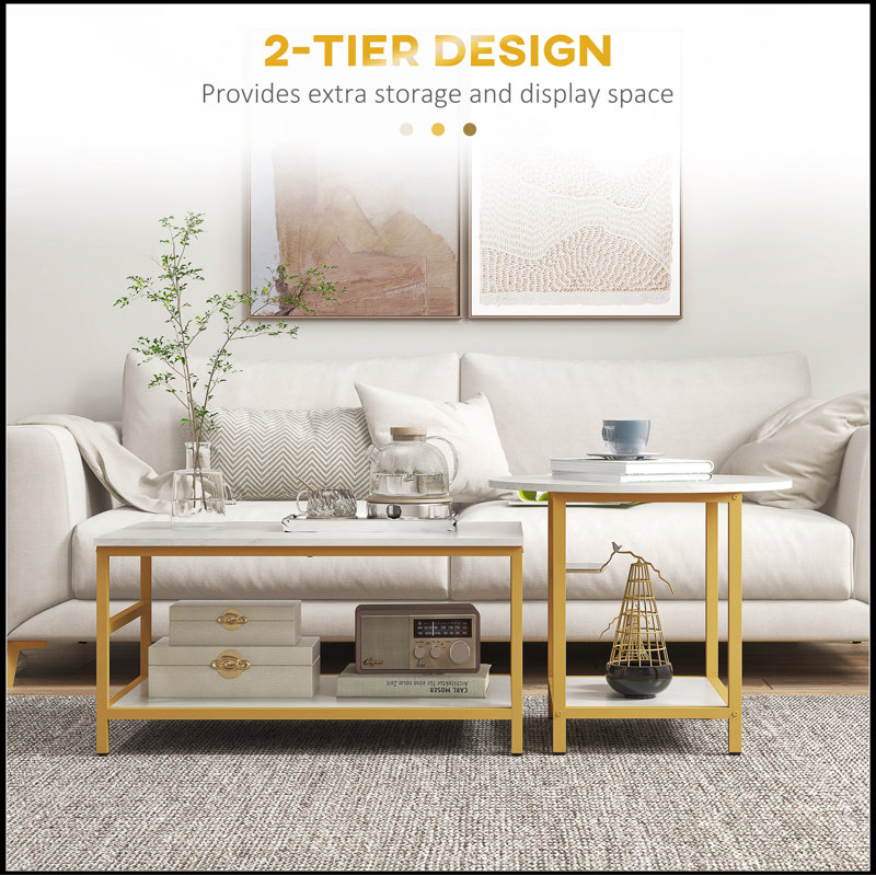 Coffee Tables Set of 2, 2-Rier Rectangle and Round Coffee Table with Storage Shelves