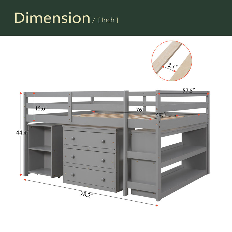 Lit mezzanine basse avec armoire, tablettes et bureau portable roulant, lit multifonctionnel, Gris, Lit double