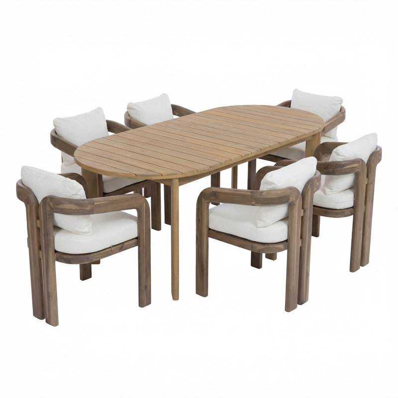 Nordby Patio 6-Person Acacia Wood Dining Set With Slatted Tabletop & Cushions