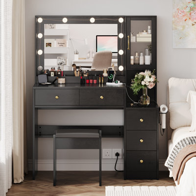 35" Black Vanity Set with Vanity Chair, 3-Color Dimmable Mirror & Charging Station, Modern Bedroom Makeup Table with Drawers and Side Cabinet