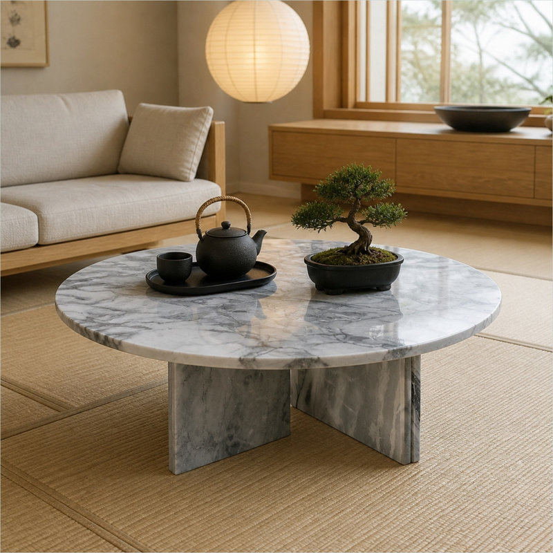 Table basse ronde en marbre gris classique avec base sculpturale en acier, 27,6 pouces de diamètre, élégance en pierre naturelle pour le salon