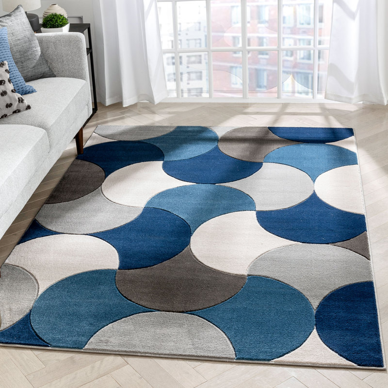 Tapis géométrique rectangulaire bleu en polypropylène tressé à la machine, Rectangle 9 pi 3 po x 12 pi 6 po