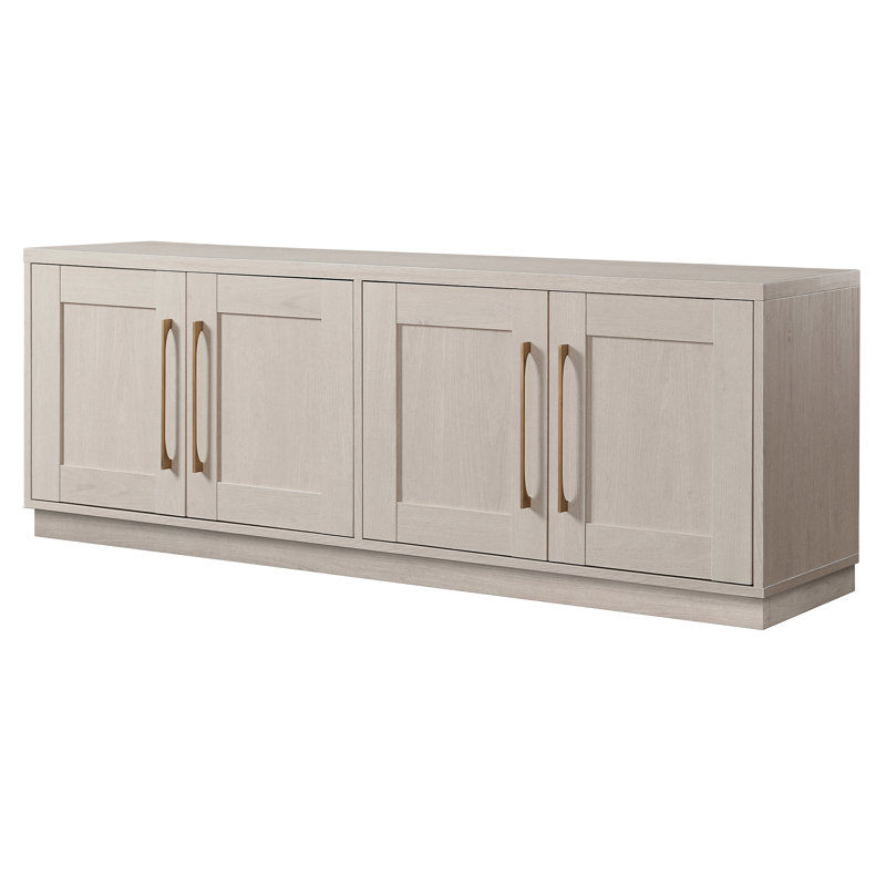 Meuble télé pour téléviseur de 75 po ou moins en blanc d'aulne avec rangement, tablettes réglables et gestion des câbles Tillman - Console multimédia transitionnelle avec quincaillerie en laiton pour le salon