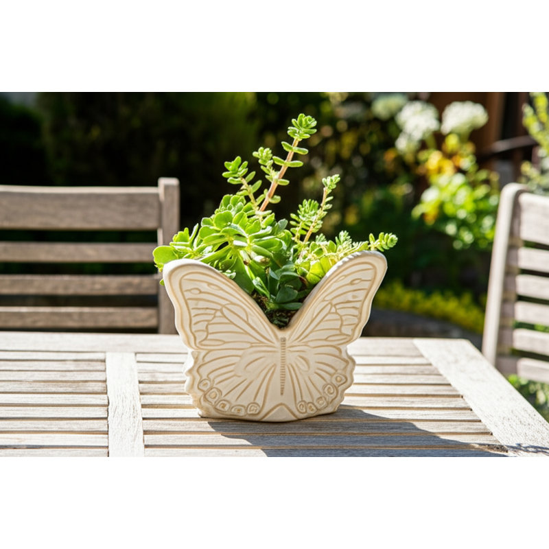 Butterfly Ceramic Planter for Decorative Flower Pots – Compact Indoor Planter for Shelf or Tabletop – Stylish Outdoor Planters for Modern Homes – 7", Ivory