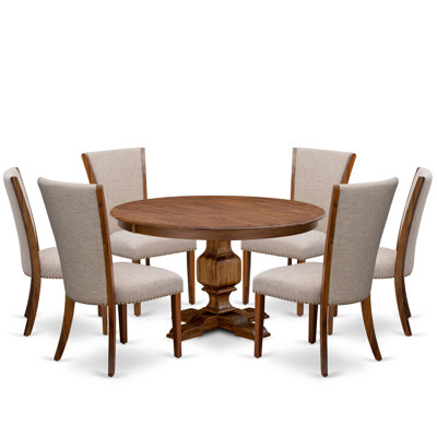 7 Piece Dining Set for 6 Includes a Round Table with Pedestal and 6 Light Tan Linen Fabric Parson Chairs, Antique Walnut