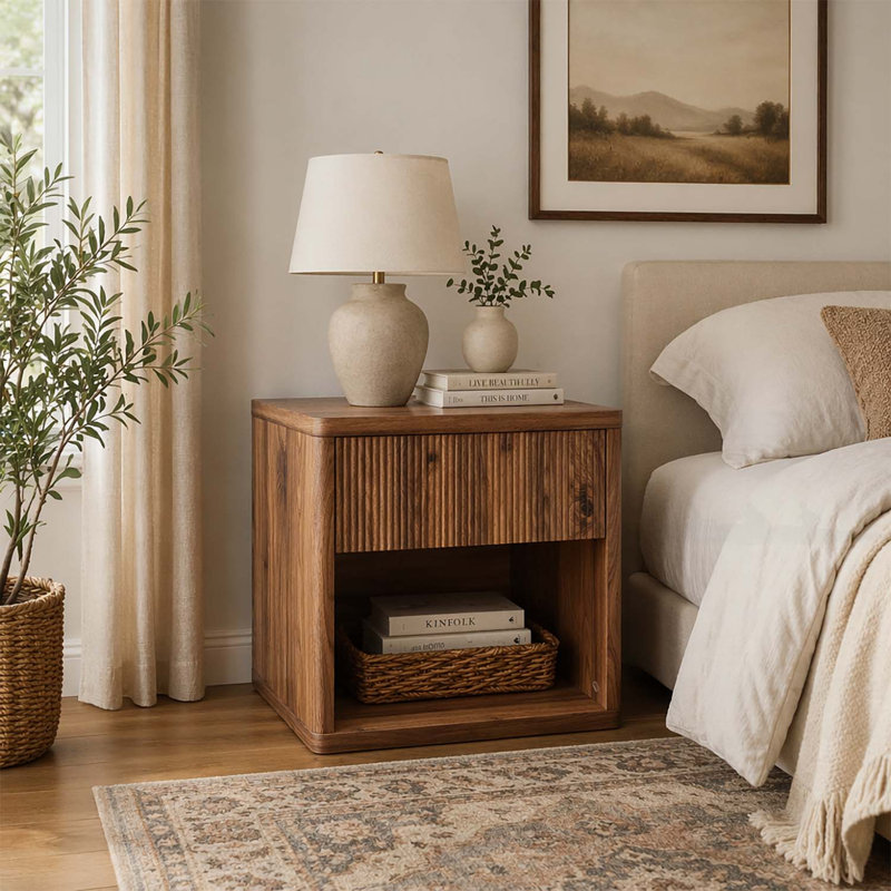 Table de chevet moderne avec rangement de tiroir, conception cannelée et compartiment ouvert pour la chambre à coucher et le salon