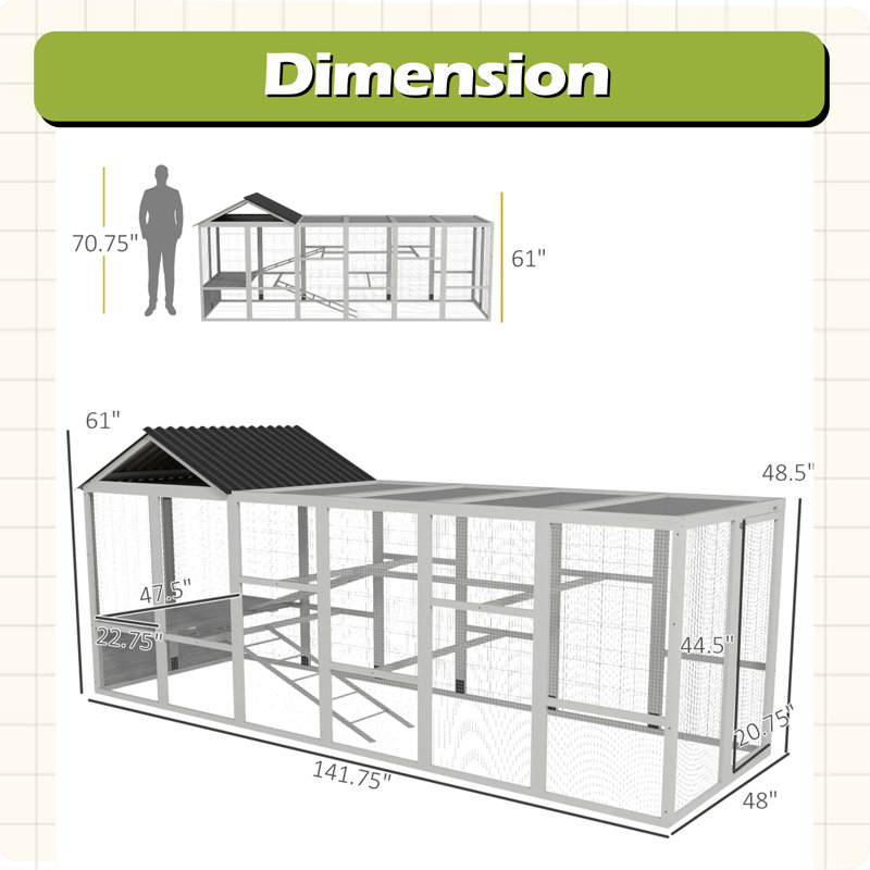 Poulailler en bois 141,75 po x 48 po x 61 po pour 6 à 10 poules