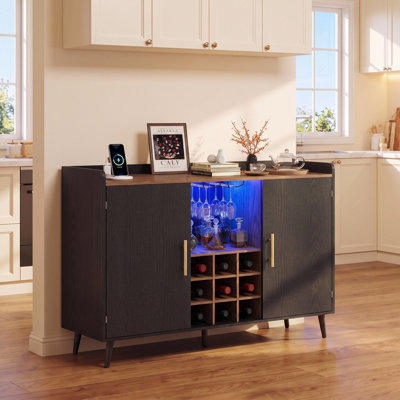 47.2" LED Lighted Coffee Bar Wine Cabinet with 9 Wine Rack, Adjustable Shelves, Glass Holder - Modern Home Liquor Bar Cabinet for Kitchen & Living Room