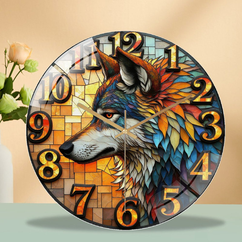Colourful Wolf Decorative Wall Clock Home Decor Art - 12'' Modern Glass Wall Clock