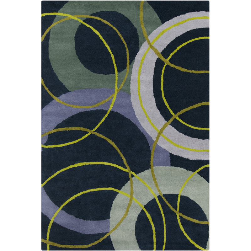 Tapis à motif géométrique abstrait en laine bleu marine, gris, lavande et vert lime Ailey Authentic, 5' x 7'6"