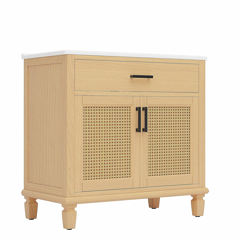 Meuble-lavabo en rotin avec lavabo en céramique, meuble-lavabo moderne avec portes et tiroirs à fermeture en douceur, avec pieds en bois massif et grand espace de rangement
