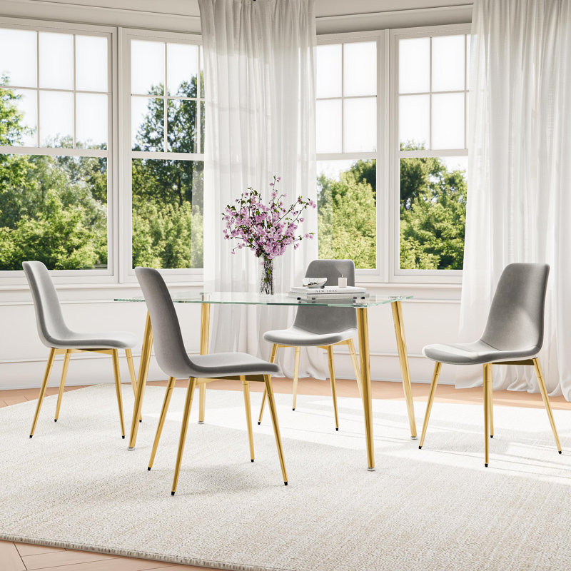 Ensemble de salle à manger à quatre pieds avec plateau en verre, 5 pièces: table, 4 chaises, Gris/doré