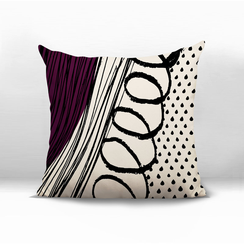 Oreiller carré réversible intérieur / extérieur Toba, H 17 po x l 17 po, Mauve / noir / blanc cassé abstrait