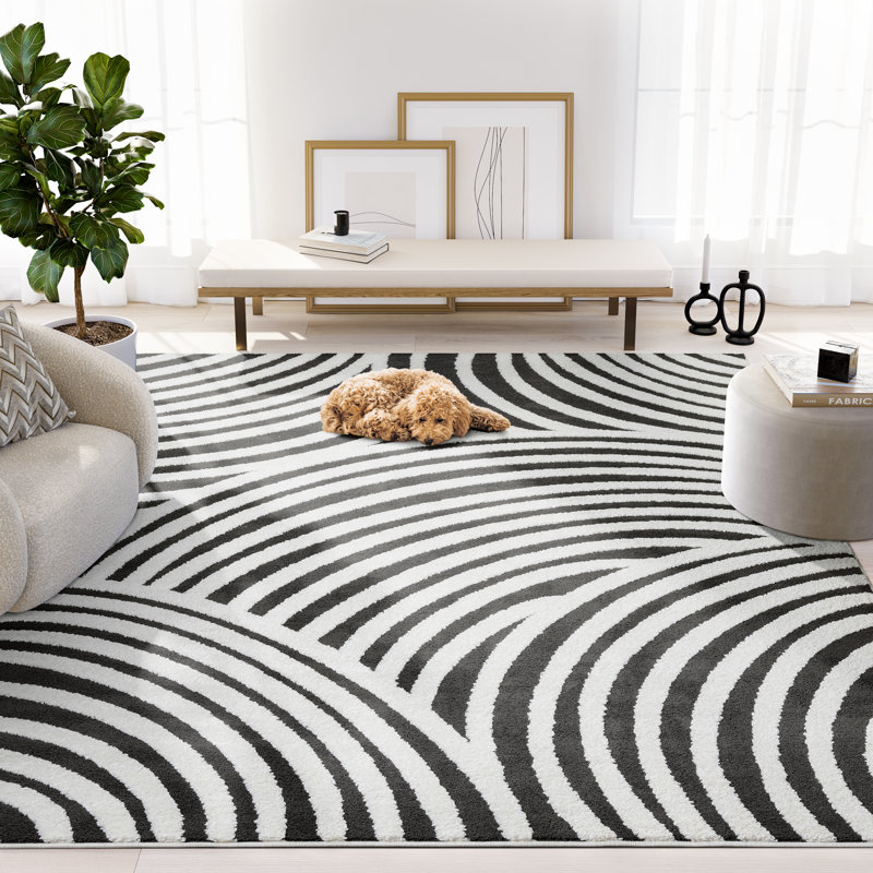 Abani Rugs Onish Collection NOM160B Cream Black Linear Curves Area Rug, Rectangle 5'3" x 7'6"