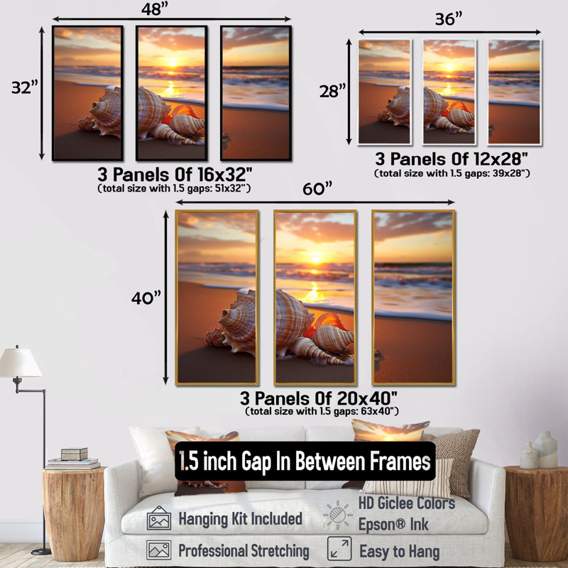 Coucher de soleil sur les trésors du rivage III - plage, art mural, Cadre flottant doré, H 32 po x l 48 po
