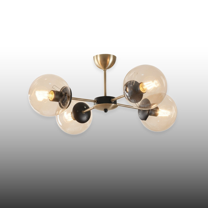 Lustre moderne Spoutnik 4 lumières avec abat-jour sphériques ambre / blanc, Ambre, Cuivre / noir