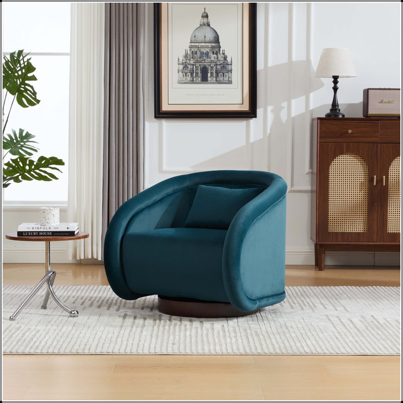 Fauteuil demi-tonneau pivotant avec revêtement en velours, dossier ergonomique incurvé et base en bois massif (alterné), Teal