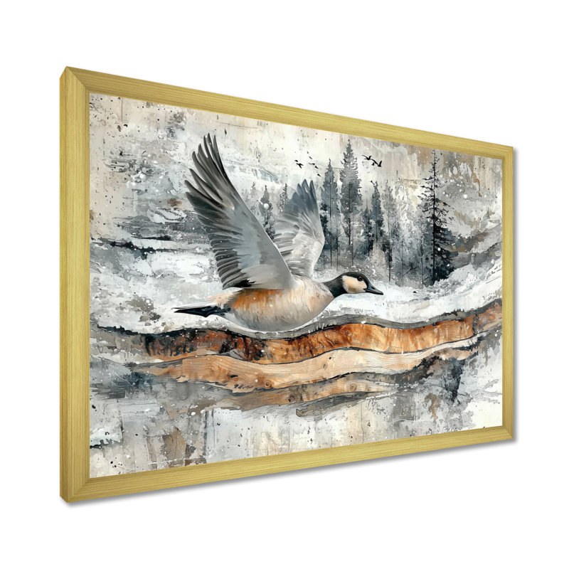 «Goose Animals Into A Winter Horizon II» - art mural oie, Cadre simple, H 34 po x l 44 po, Doré