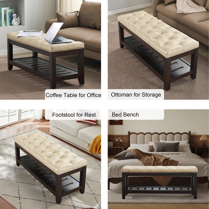 44" Wide Tufted Rectangle Cocktail Ottoman With Storage Tray, Beige Faux Leather