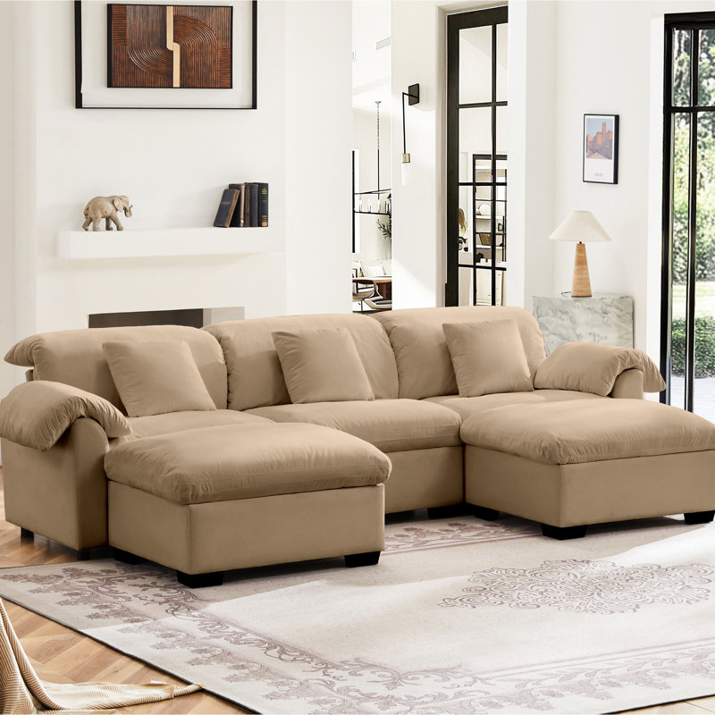 Canapé modulaire en U avec siège très grand et rangement, velours brun clair 3 coussins moelleux, siège repose-pieds, sièges de rangement repose-pieds,