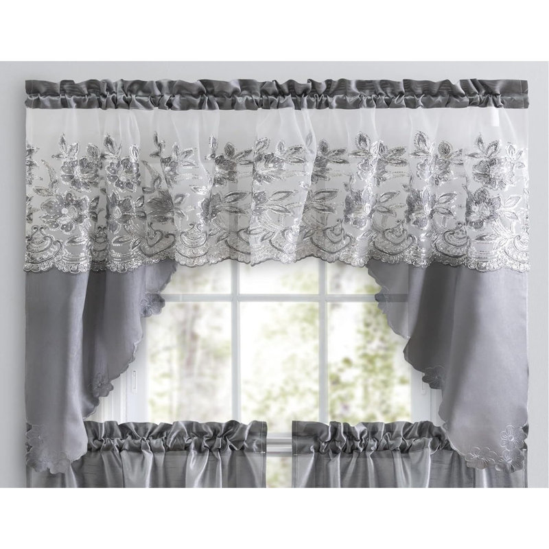 Luxury Semi-Sheer 3-Piece Linen Curtain Set With Delicate Sequin Embroidery – Elegant Valance & Tiers For Kitchen, Living Room, Or Bathroom – Romantic & Stylish Window Dressing Loved By Families， Grey