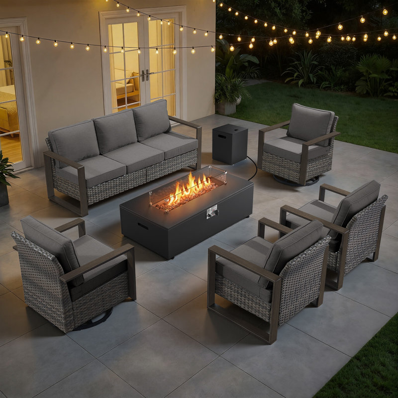 Drazen 7 - Person Patio Furniture Set With Fire Pit Table, All-Weather Wicker Outdoor Conversation Set With Chair And Thick Cushions