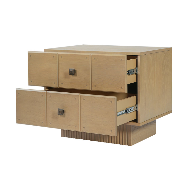 Halvoria Mid-Century Wood Nightstand with Drawers, Fluted Pedestal Base & Brass Knobs for Bedroom & Living Room, Natural, 1
