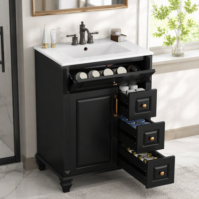 Meuble-lavabo 24 po avec lavabo, meuble-lavabo autoportant noir avec tiroir rabattable, 3 tiroirs et armoire de rangement, meuble-lavabo en bois massif et bois aggloméré