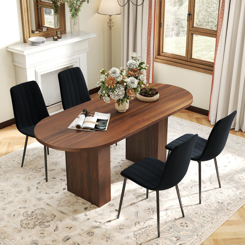 Mid Century Oval Pedestal Dining Table Sets, 5 Pieces: Table, 4 Chairs, Walnut, Black